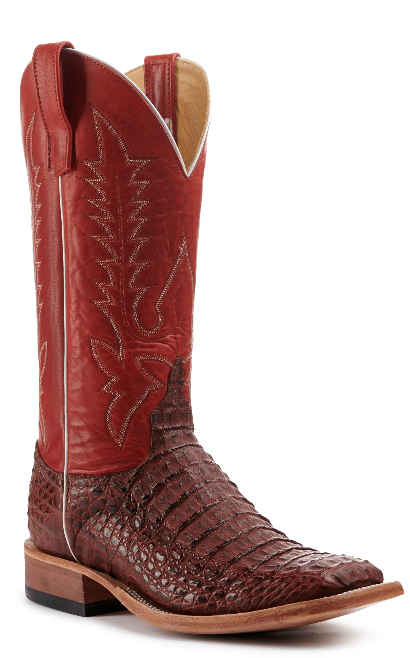 Anderson Bean Men's Rust Lux Hornback Caiman and Red Wide Square Toe Exotic Cowboy Boots