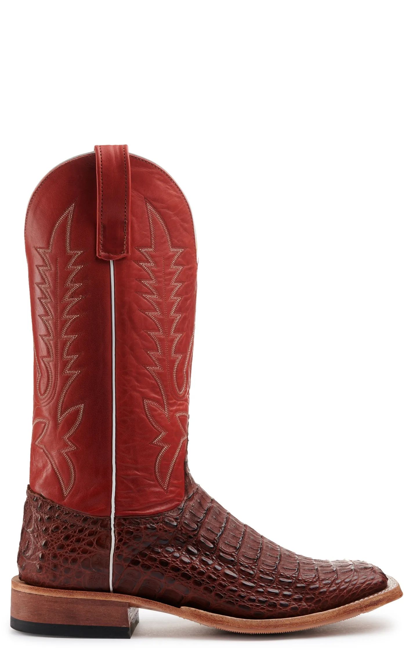 Anderson Bean Men's Rust Lux Hornback Caiman and Red Wide Square Toe Exotic Cowboy Boots