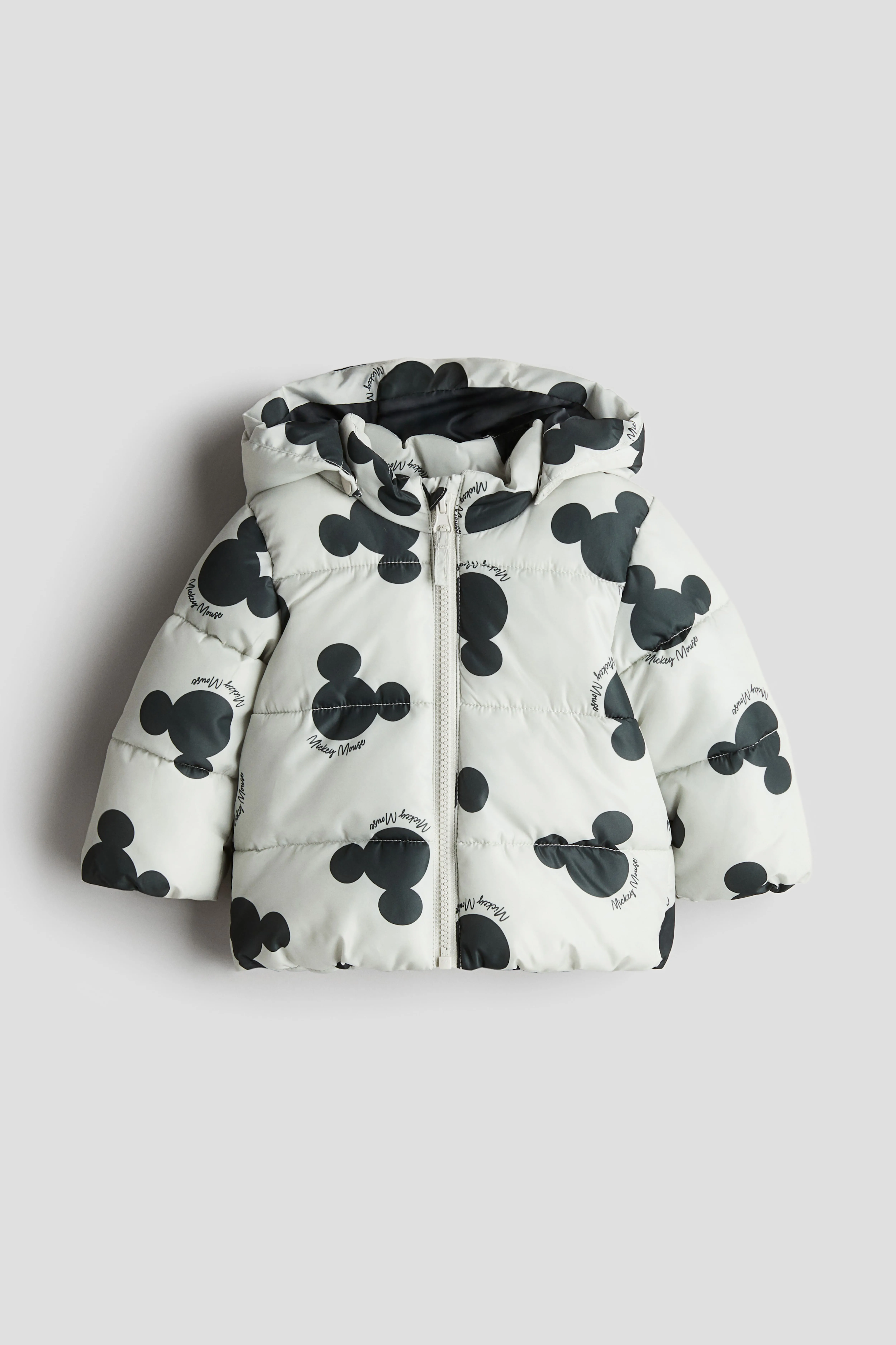 Appliquéd puffer jacket - Long sleeve - Regular length - Light grey/Mickey Mouse - Kids | H&M GB