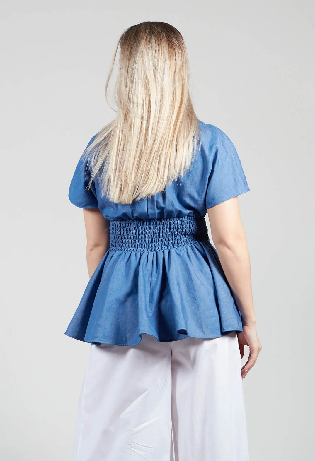 Belt Front Blouse in Light Denim