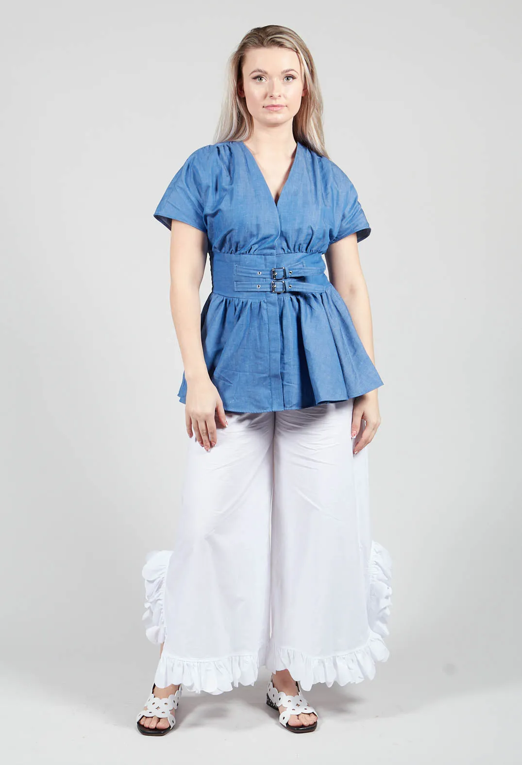 Belt Front Blouse in Light Denim