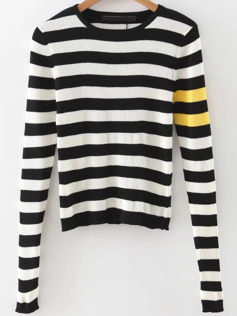 Black White Stripes Zebra Slit Sleeve Sweater Knitwear