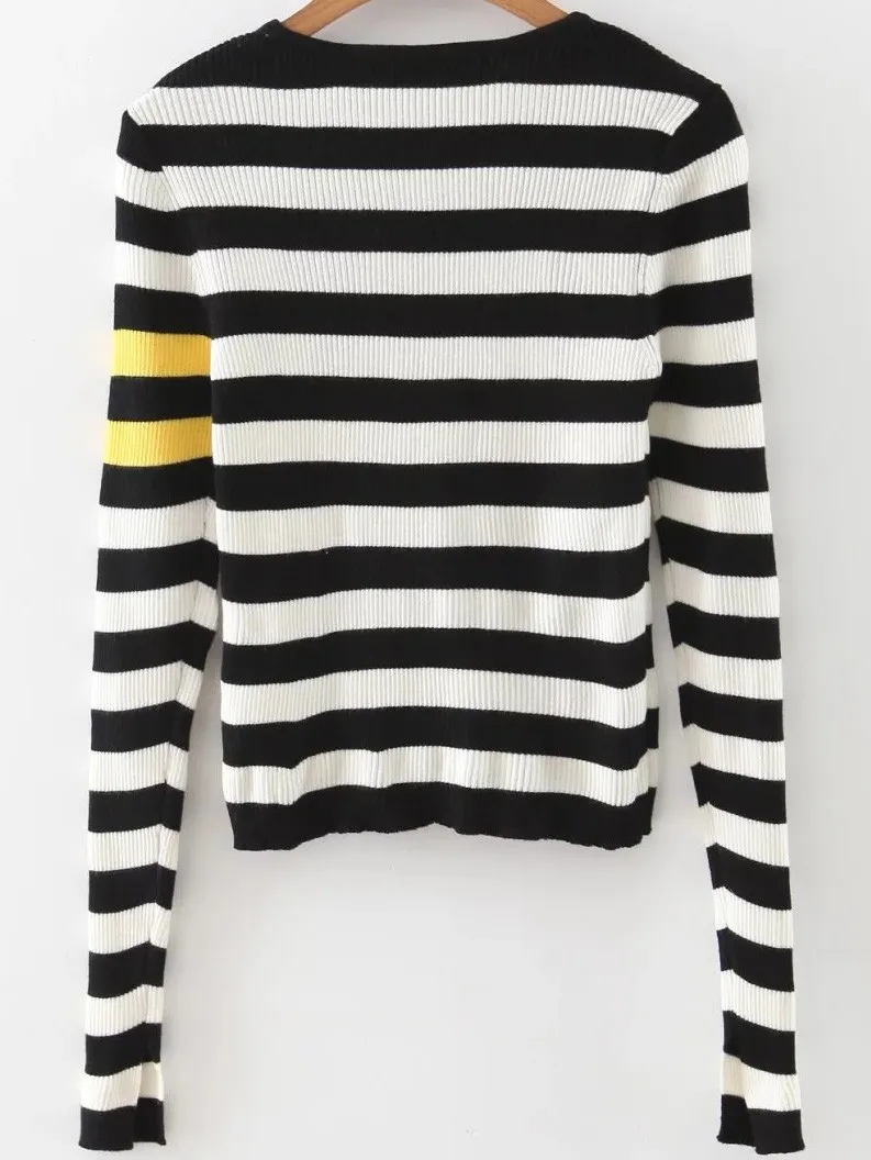 Black White Stripes Zebra Slit Sleeve Sweater Knitwear