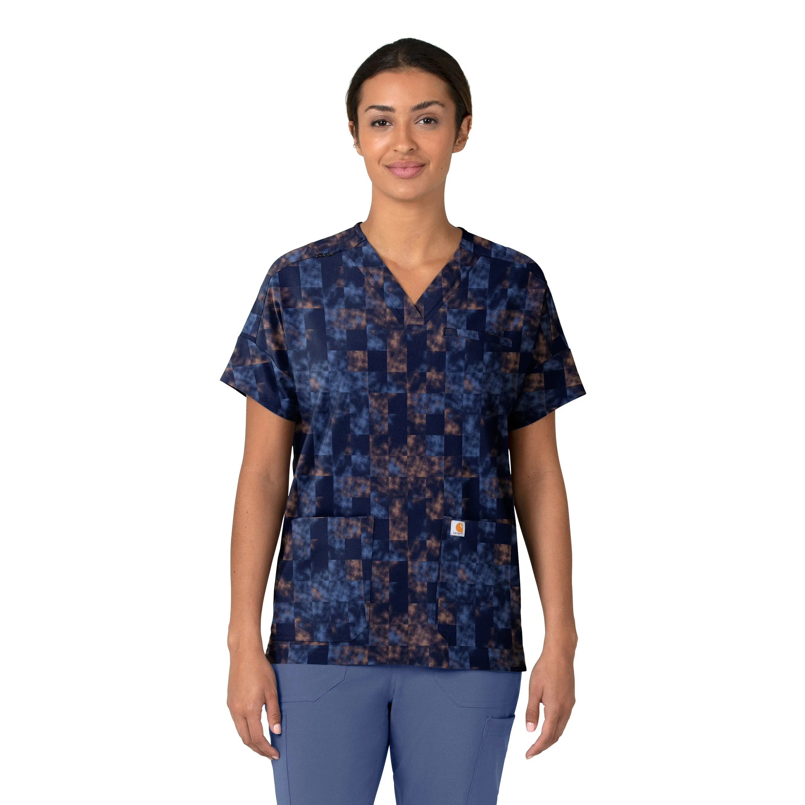 Carhartt Women's Oversized V-Neck Scrub Top - Charming Checks