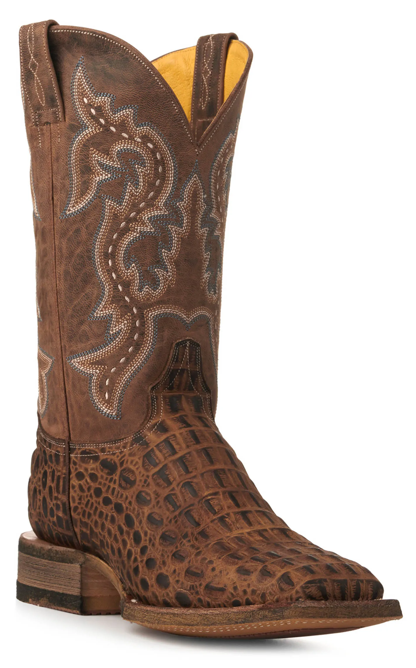 Cavender's Men's Camel Caiman Print and Distressed Tan Wide Square Toe Cowboy Boots