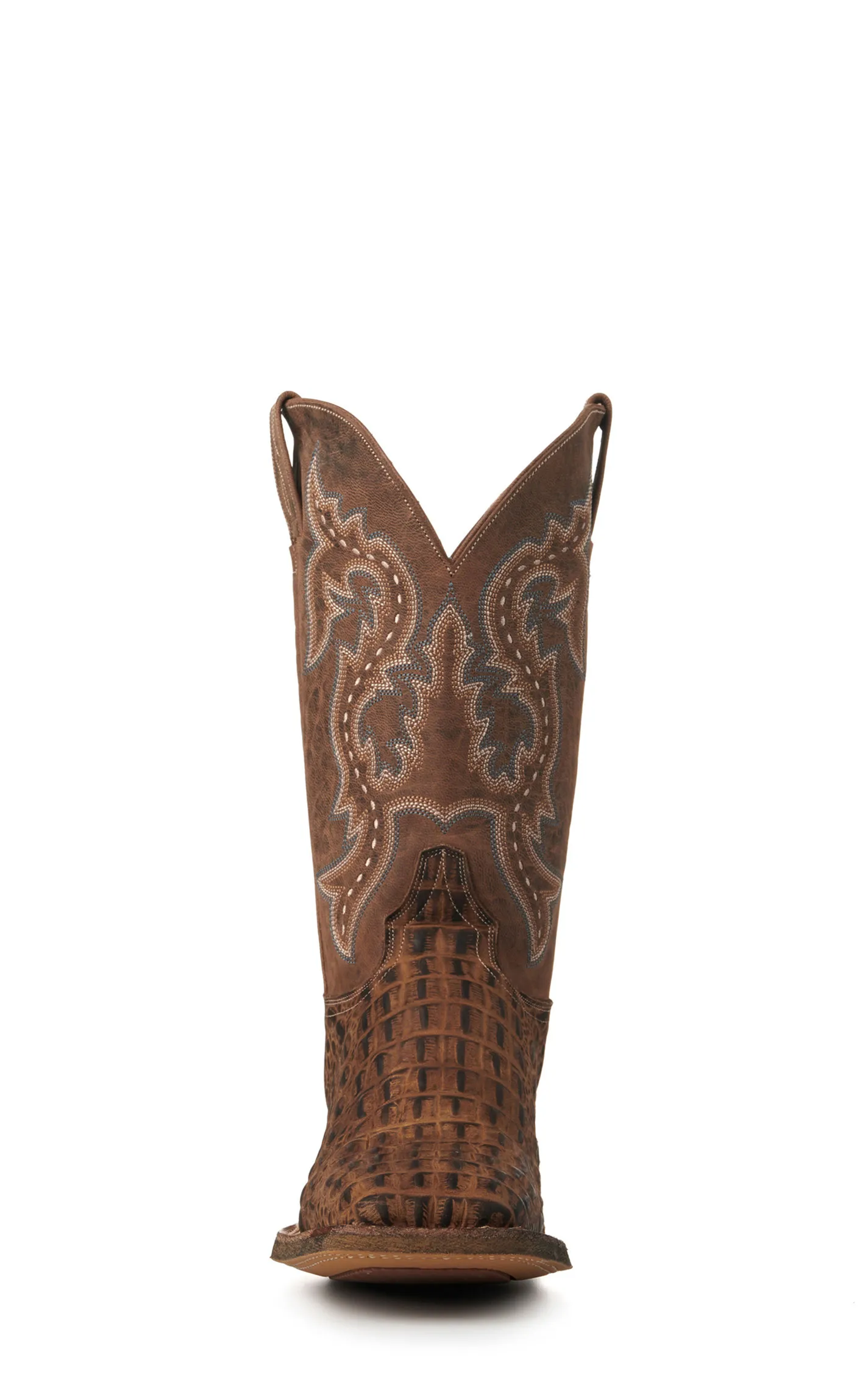 Cavender's Men's Camel Caiman Print and Distressed Tan Wide Square Toe Cowboy Boots