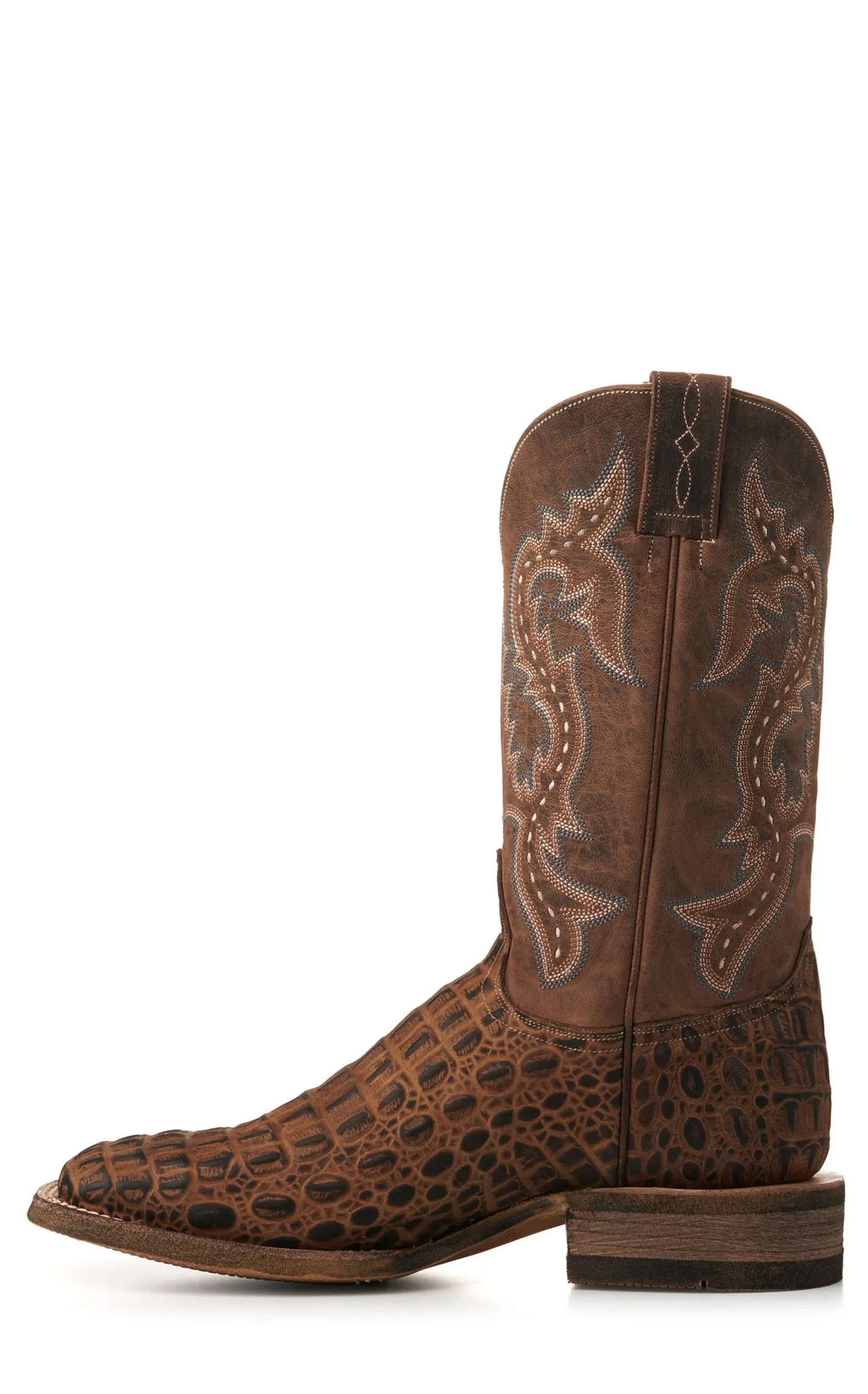 Cavender's Men's Camel Caiman Print and Distressed Tan Wide Square Toe Cowboy Boots