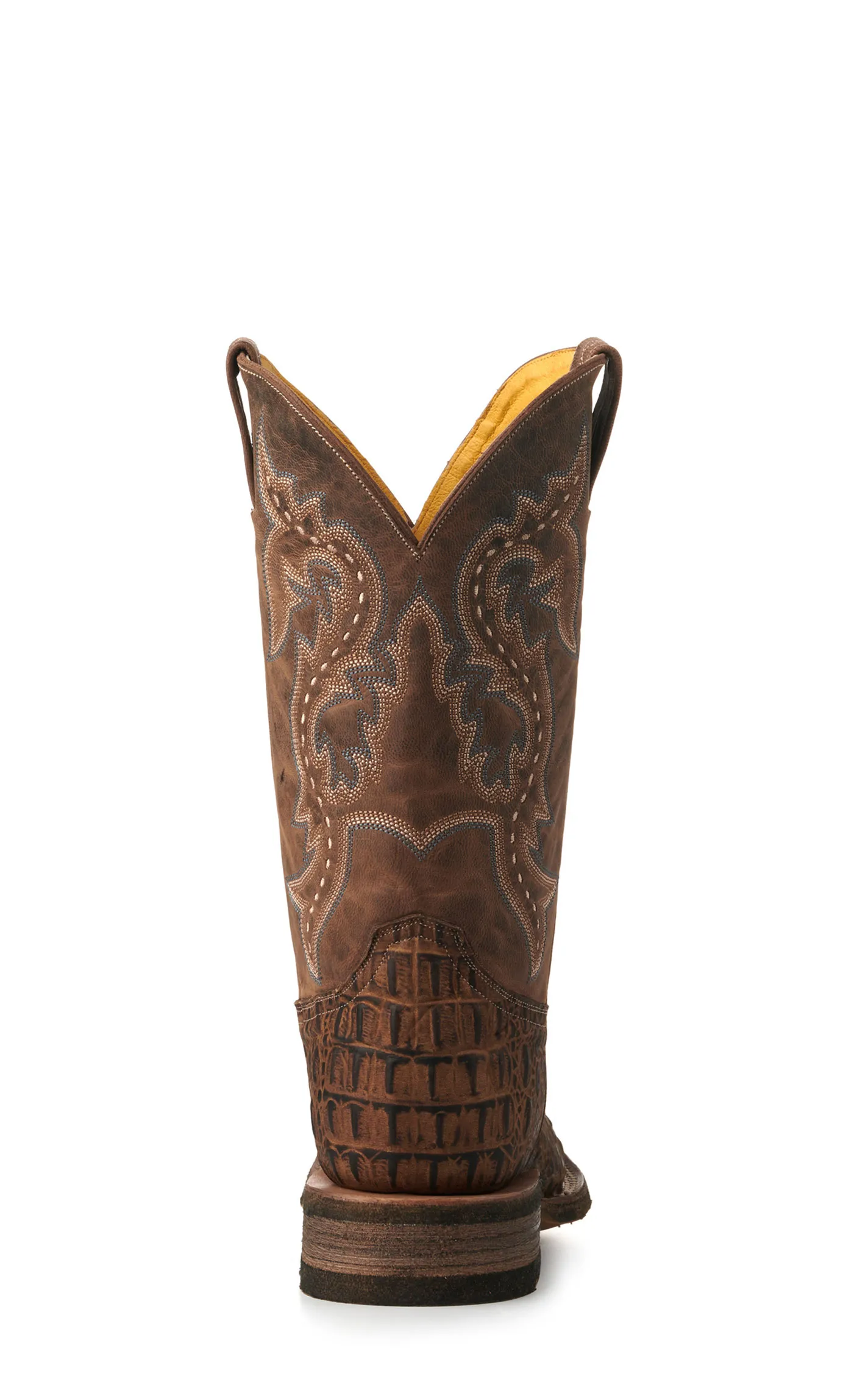 Cavender's Men's Camel Caiman Print and Distressed Tan Wide Square Toe Cowboy Boots