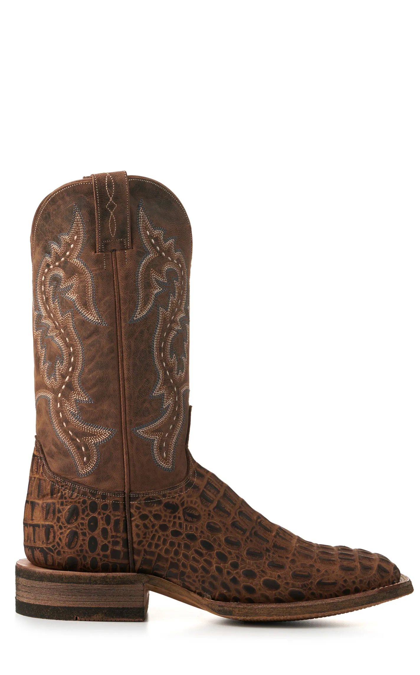 Cavender's Men's Camel Caiman Print and Distressed Tan Wide Square Toe Cowboy Boots