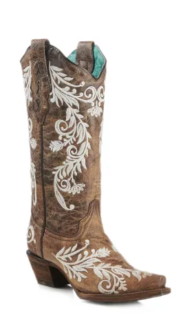 Corral Women's Brown and White Glow in the Dark Embroidery Snip Toe Cowboy Boots