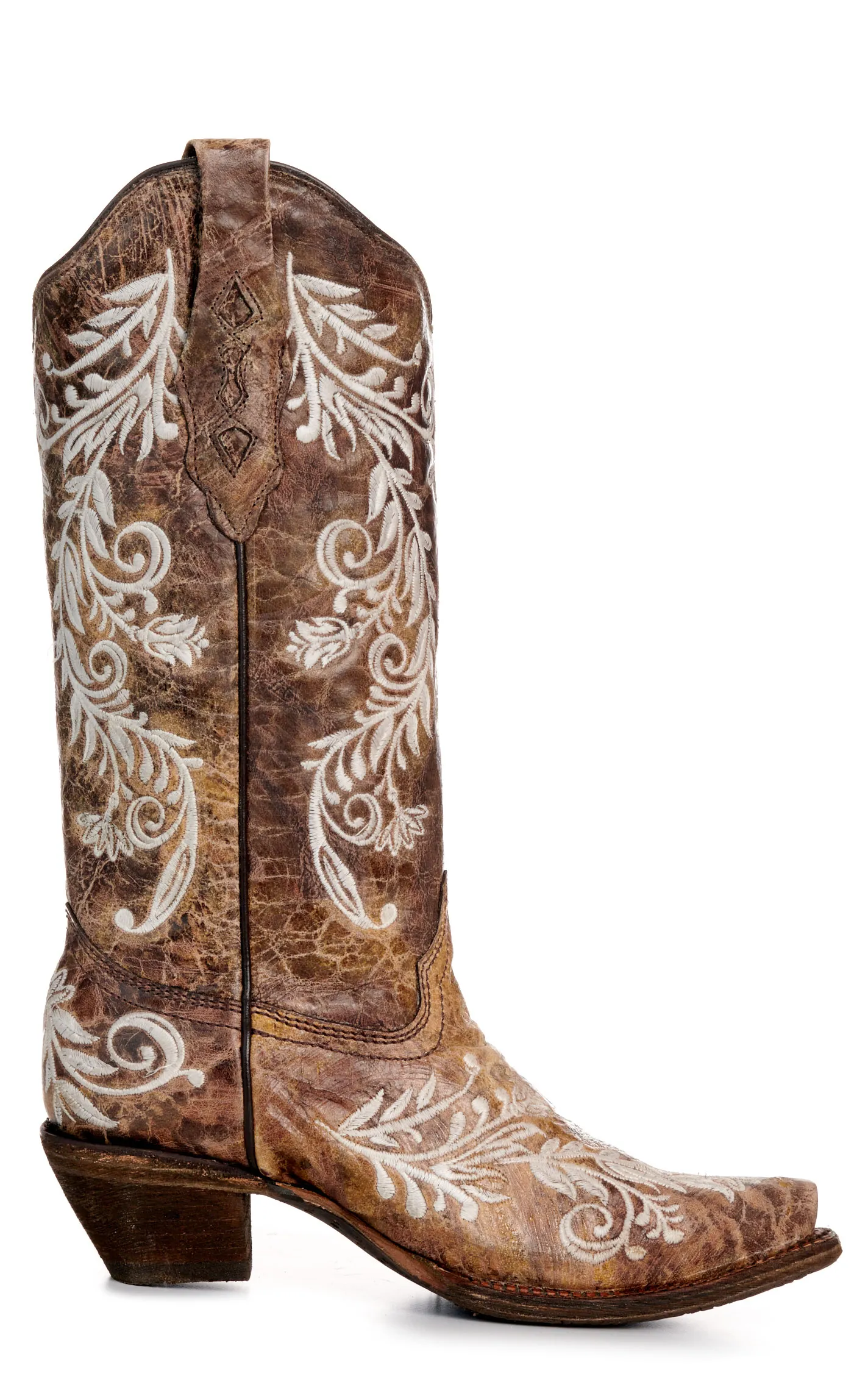 Corral Women's Brown and White Glow in the Dark Embroidery Snip Toe Cowboy Boots