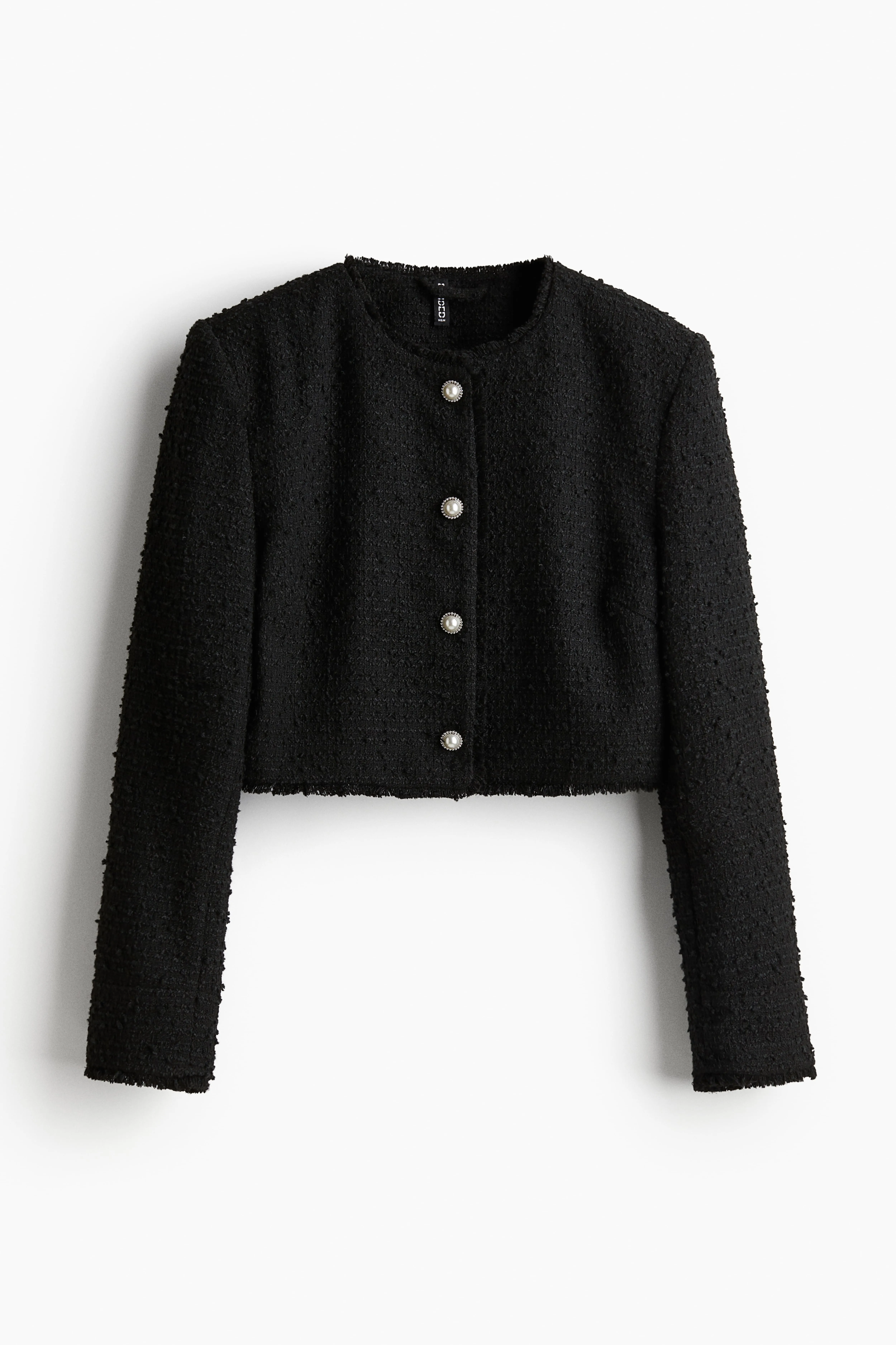 Cropped bouclé-weave jacket - Round neck - Long sleeve - Black - Ladies | H&M GB