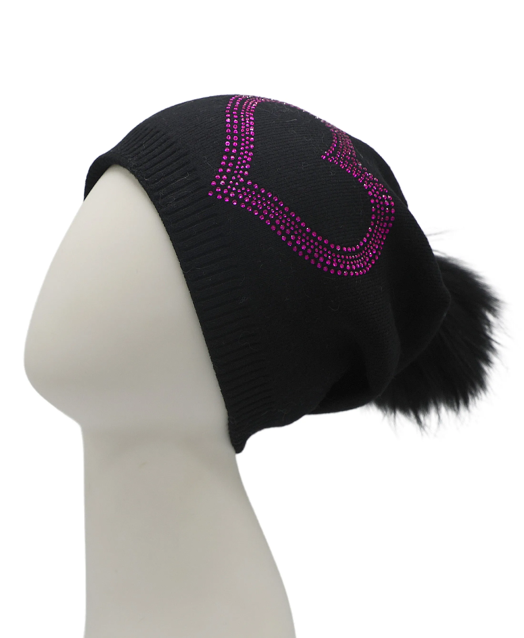 Crystal Heart Knit Slouch Hat w/ Fur Pom