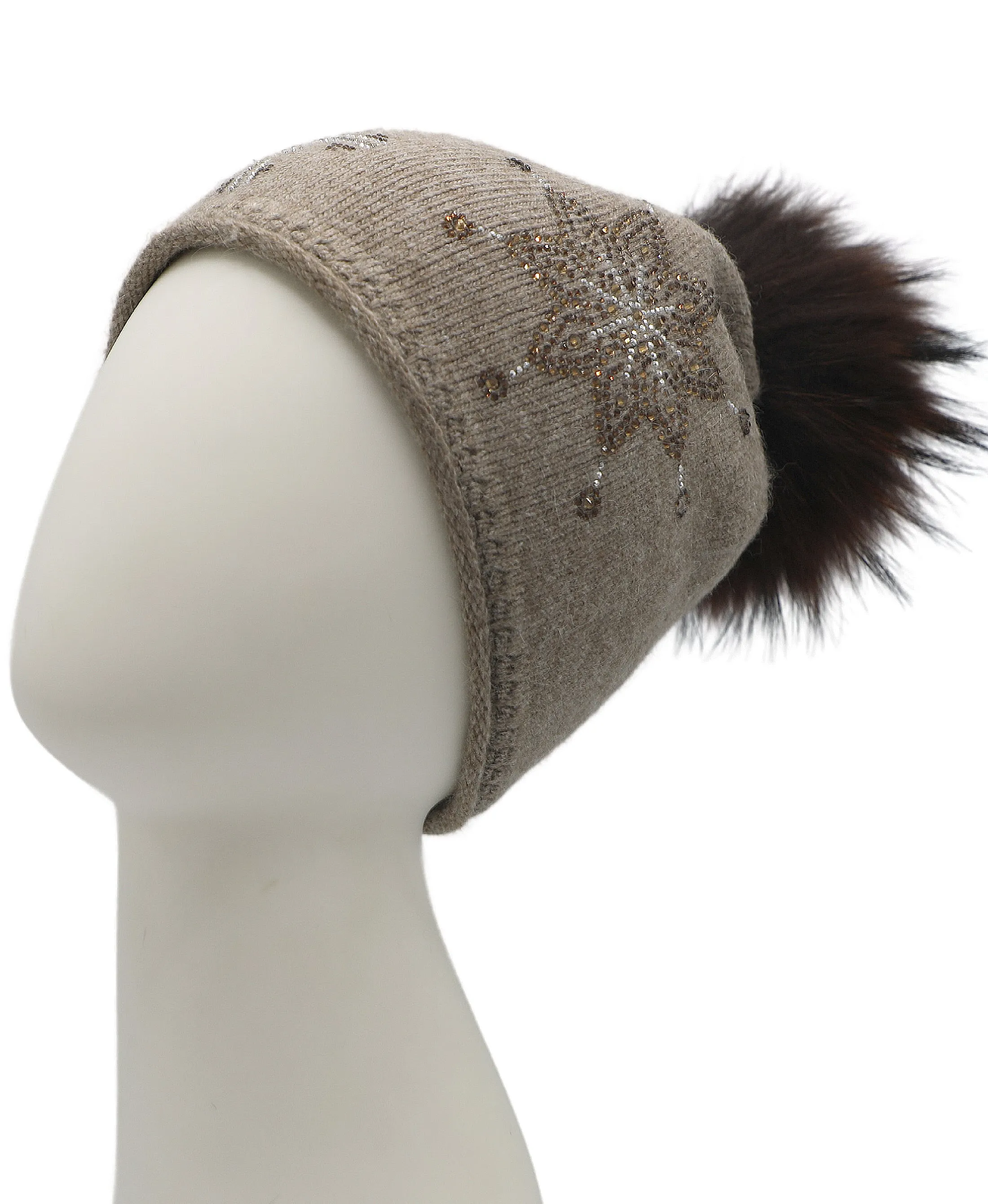 Crystal Snowflake Knit Hat w/ Fur Pom