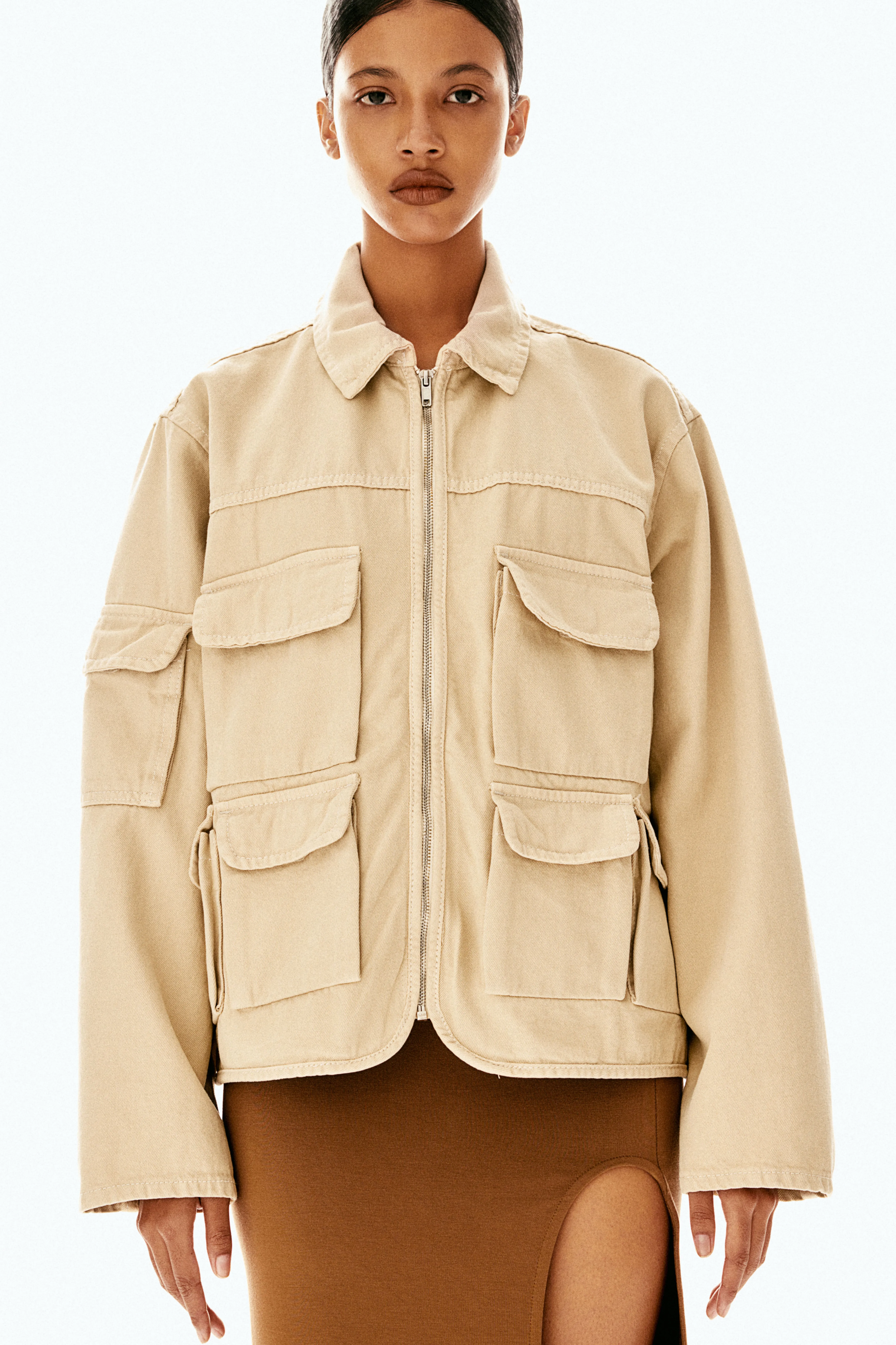 Denim utility jacket - Long sleeve - Regular length - Light beige - Ladies | H&M GB