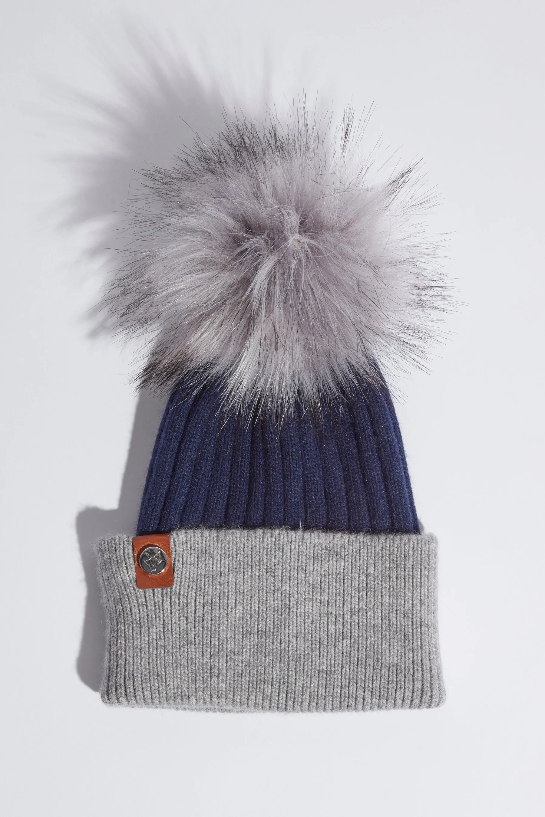 Faux Harley Pom Pom Hat - Navy/Grey