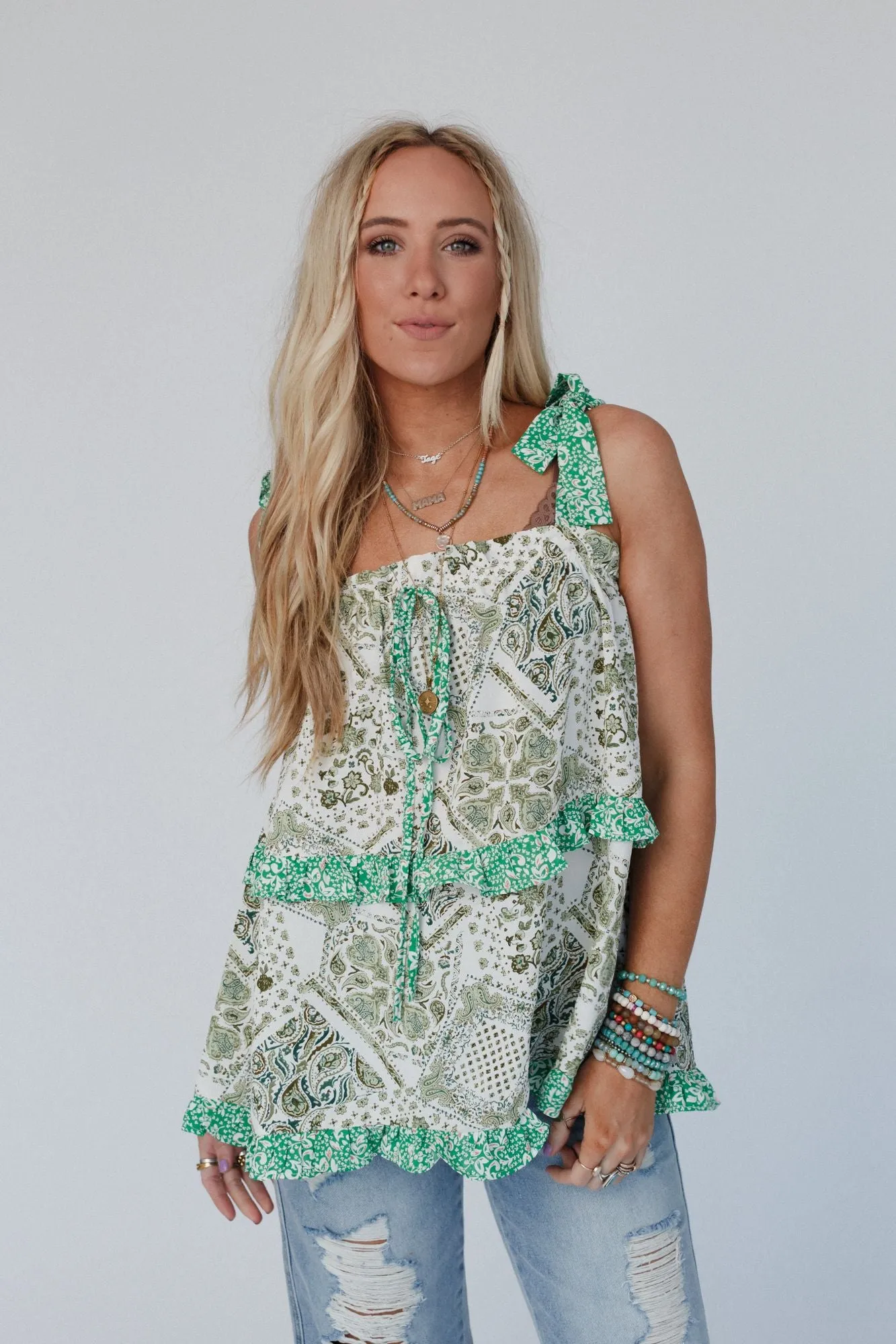 Flirty Frills Tiered Ruffle Top - Green