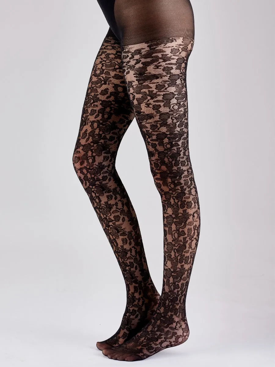 FLORAL LACE PATTERN TIGHTS - BLACK