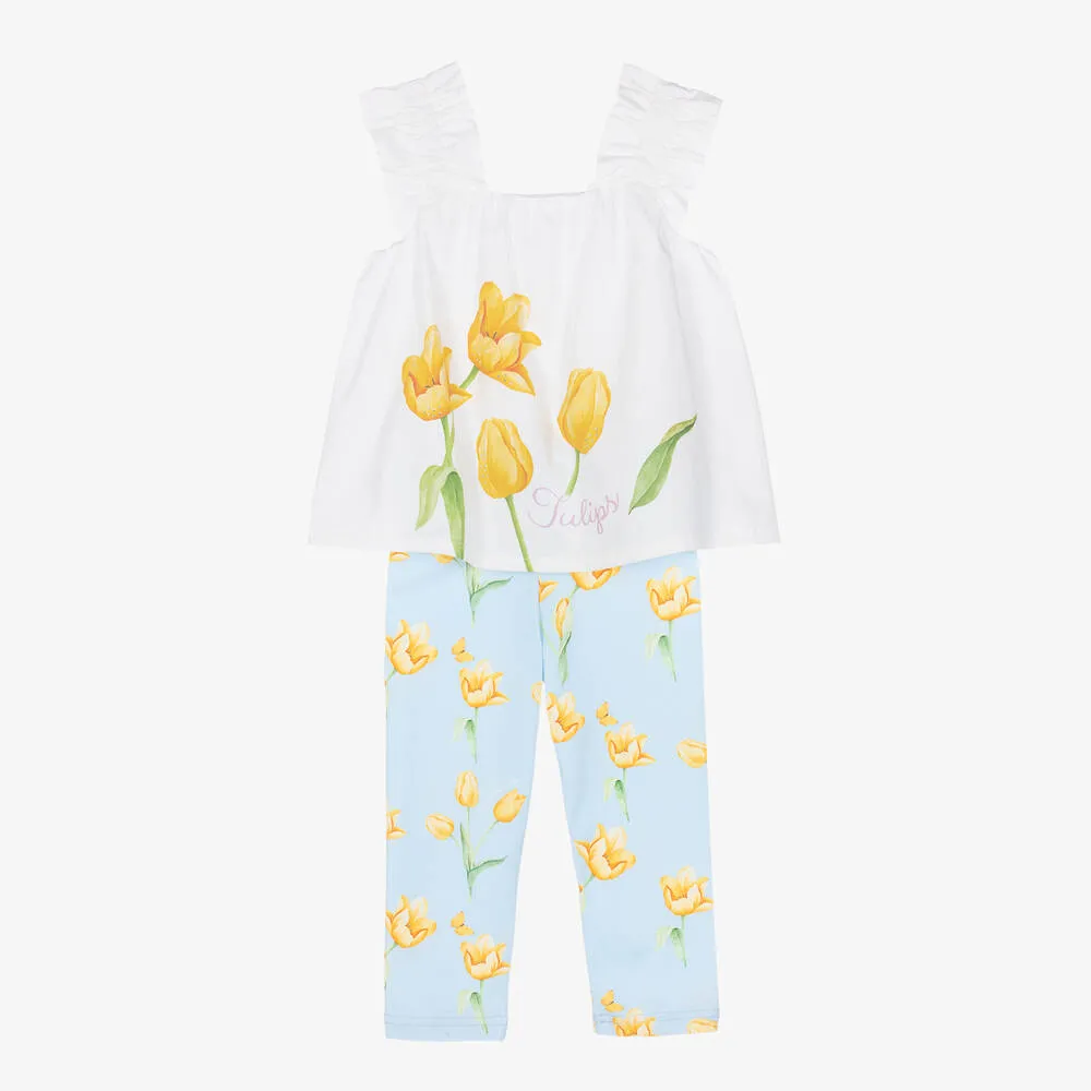 Girls Blue Cotton Floral Leggings Set