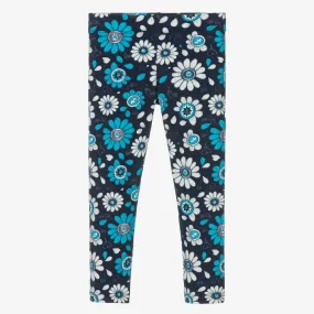 Girls Blue Cotton Floral Leggings