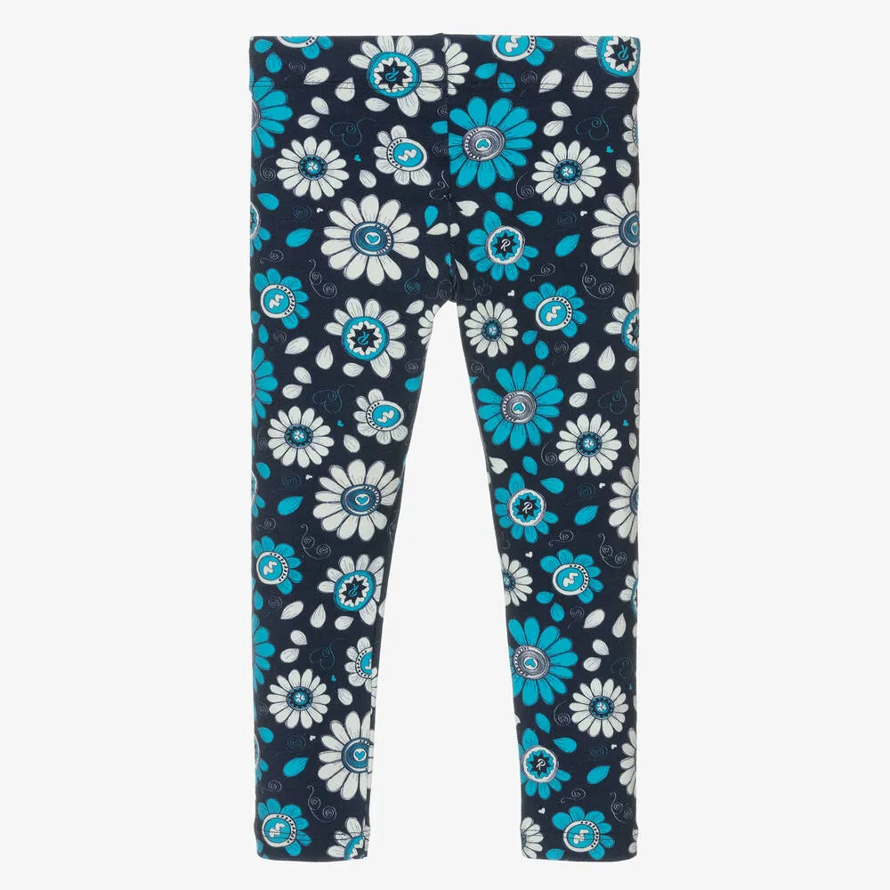 Girls Blue Cotton Floral Leggings