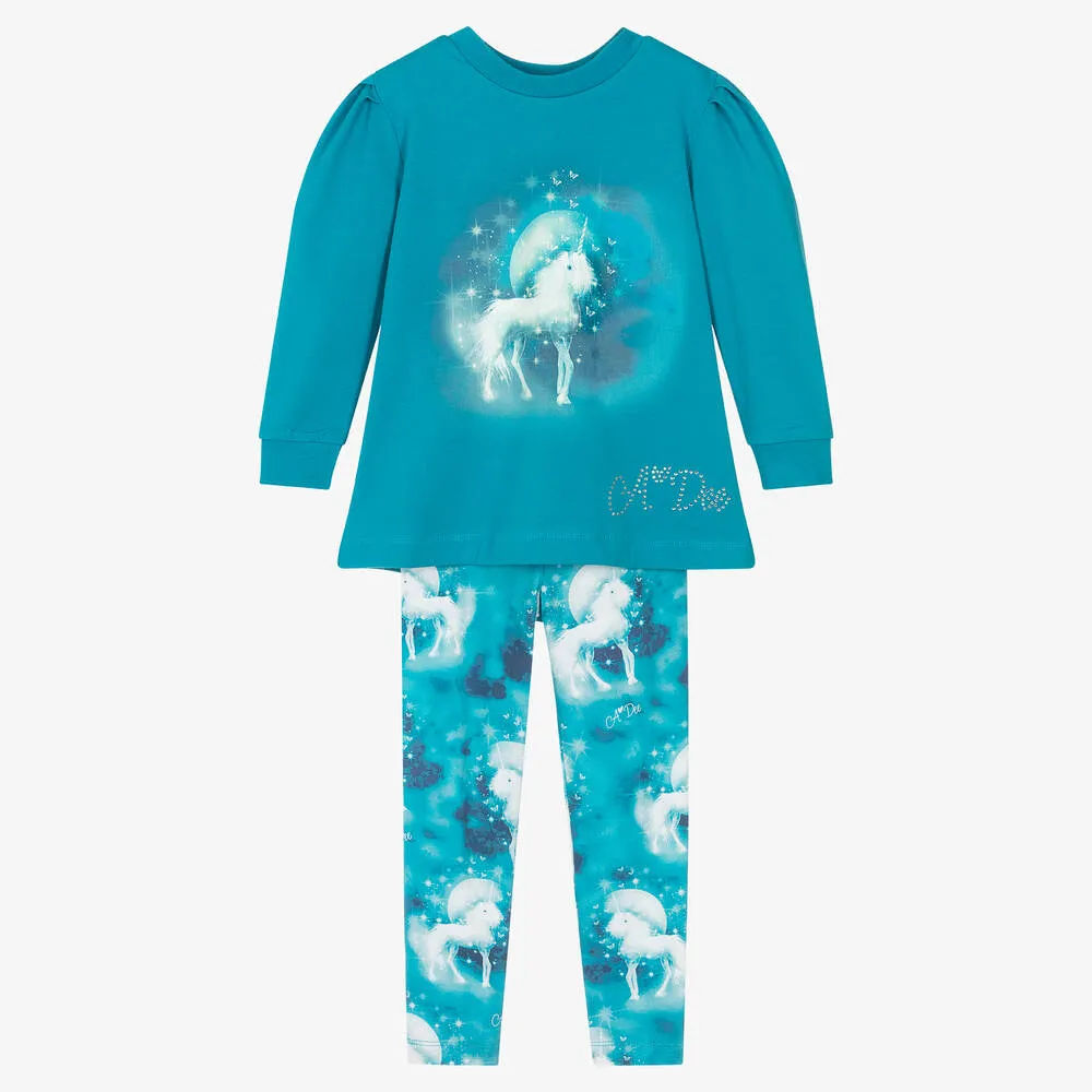 Girls Blue Cotton Unicorn Leggings Set