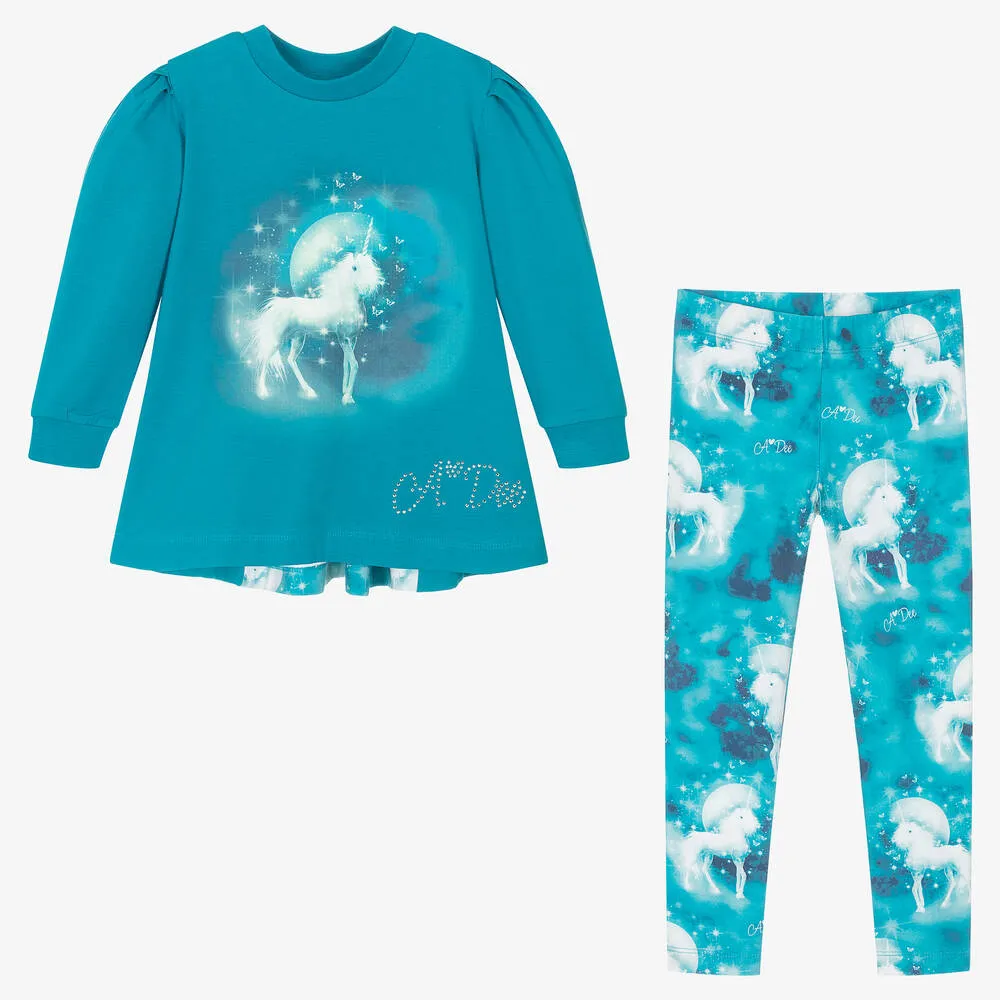 Girls Blue Cotton Unicorn Leggings Set