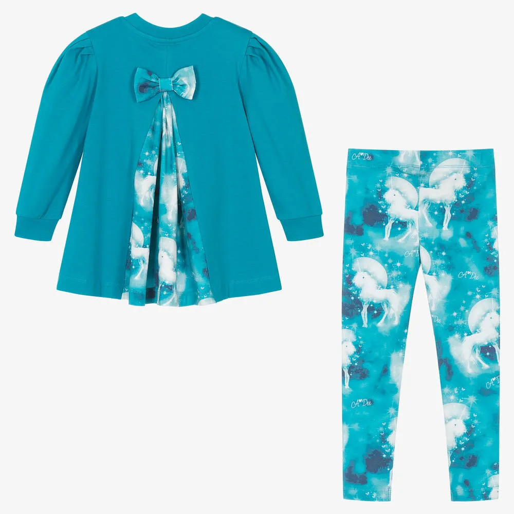 Girls Blue Cotton Unicorn Leggings Set