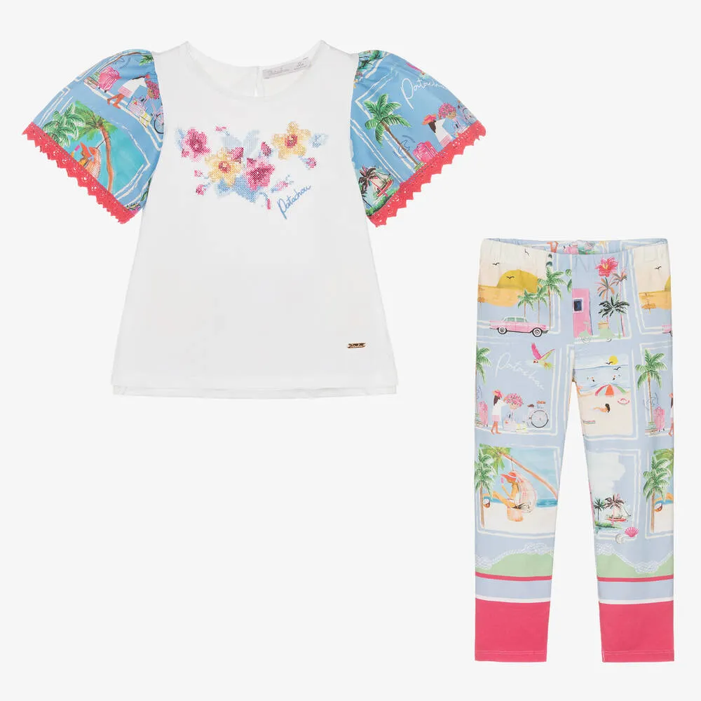 Girls Blue Holiday Print Leggings Set