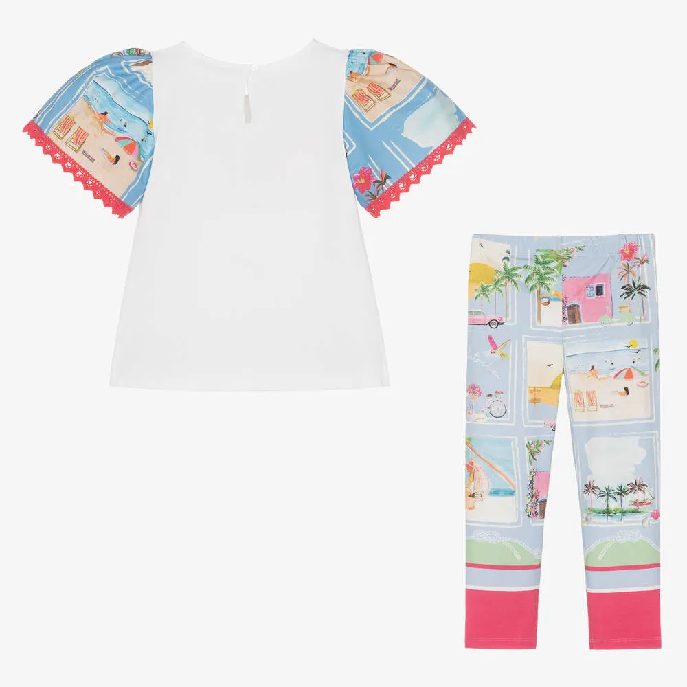 Girls Blue Holiday Print Leggings Set