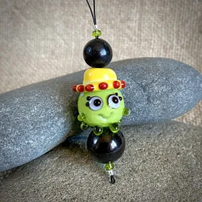 Hangable Shungite Accessory, Lime Green Squeedle in Yellow Hat