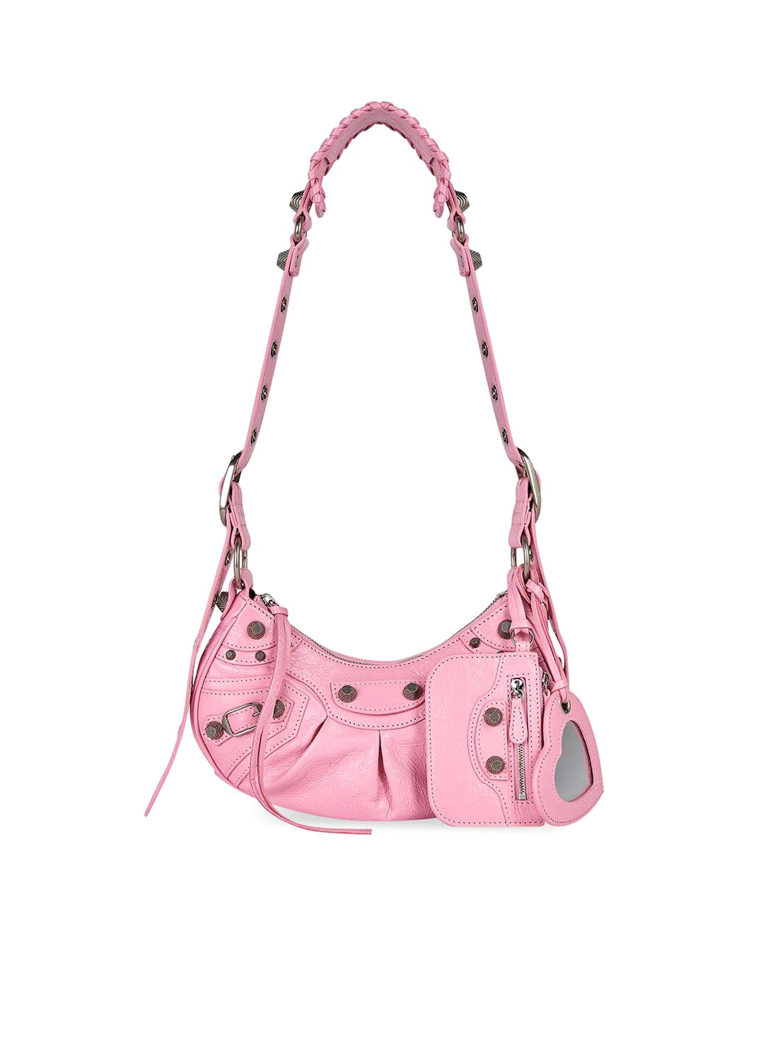 Le Cagole XS Shoulder Bag in light pink Arena lambskin, aged silver hardware