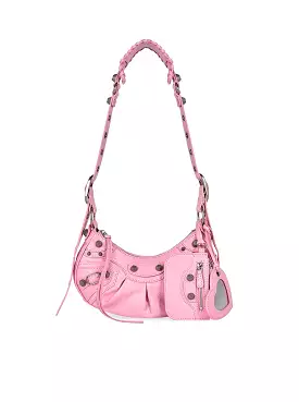 Le Cagole XS Shoulder Bag in light pink Arena lambskin, aged silver hardware