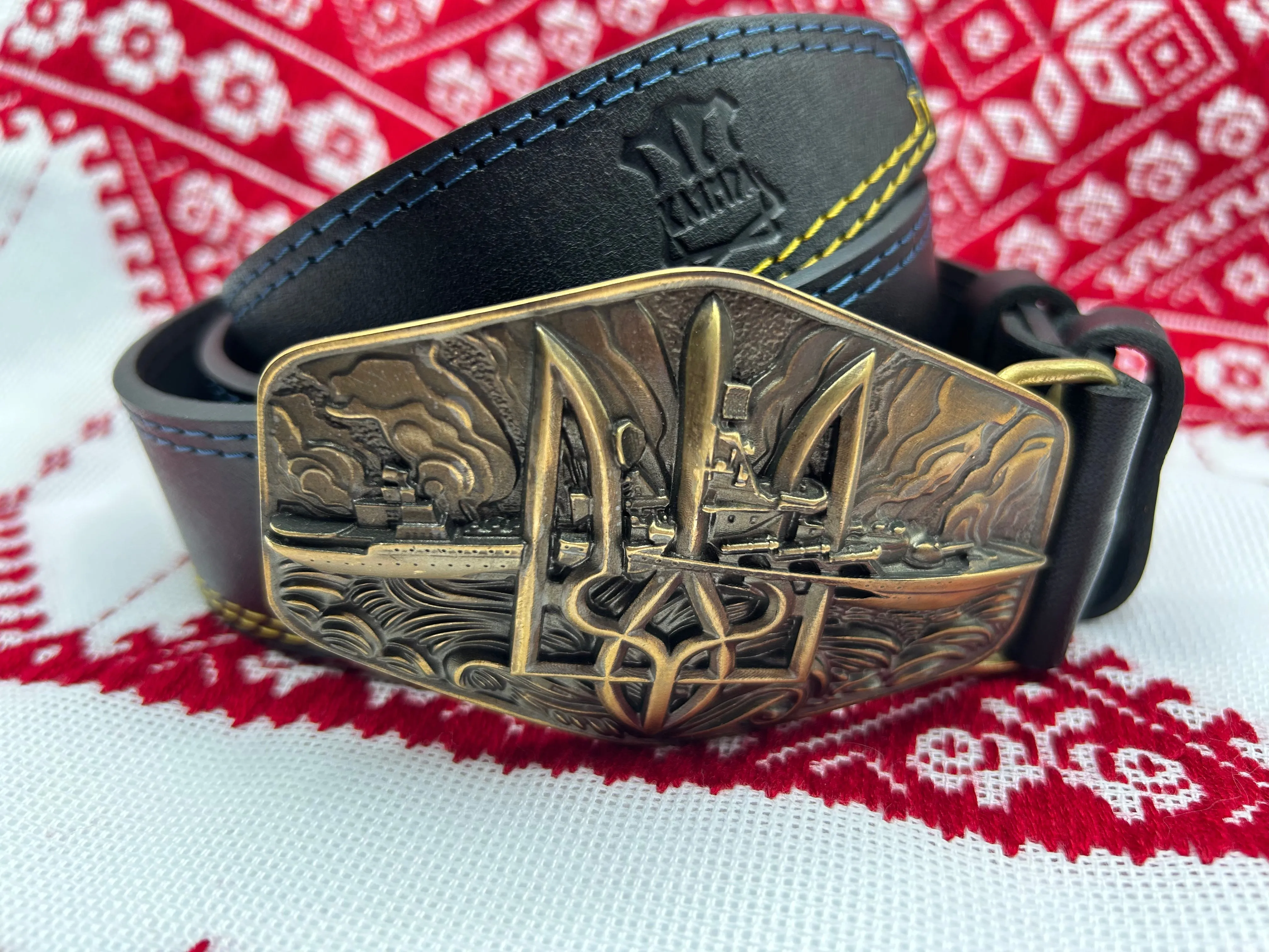 Leather Belt with Buckle “Russian Warship…”