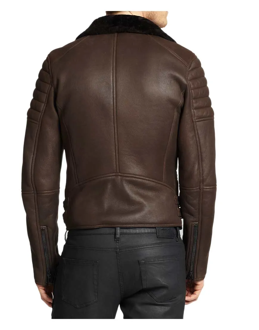 Men's Classic Motorcycle Asymmetrical Brown Leather Shearling Jacket - UJackets