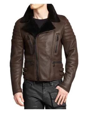 Men's Classic Motorcycle Asymmetrical Brown Leather Shearling Jacket - UJackets