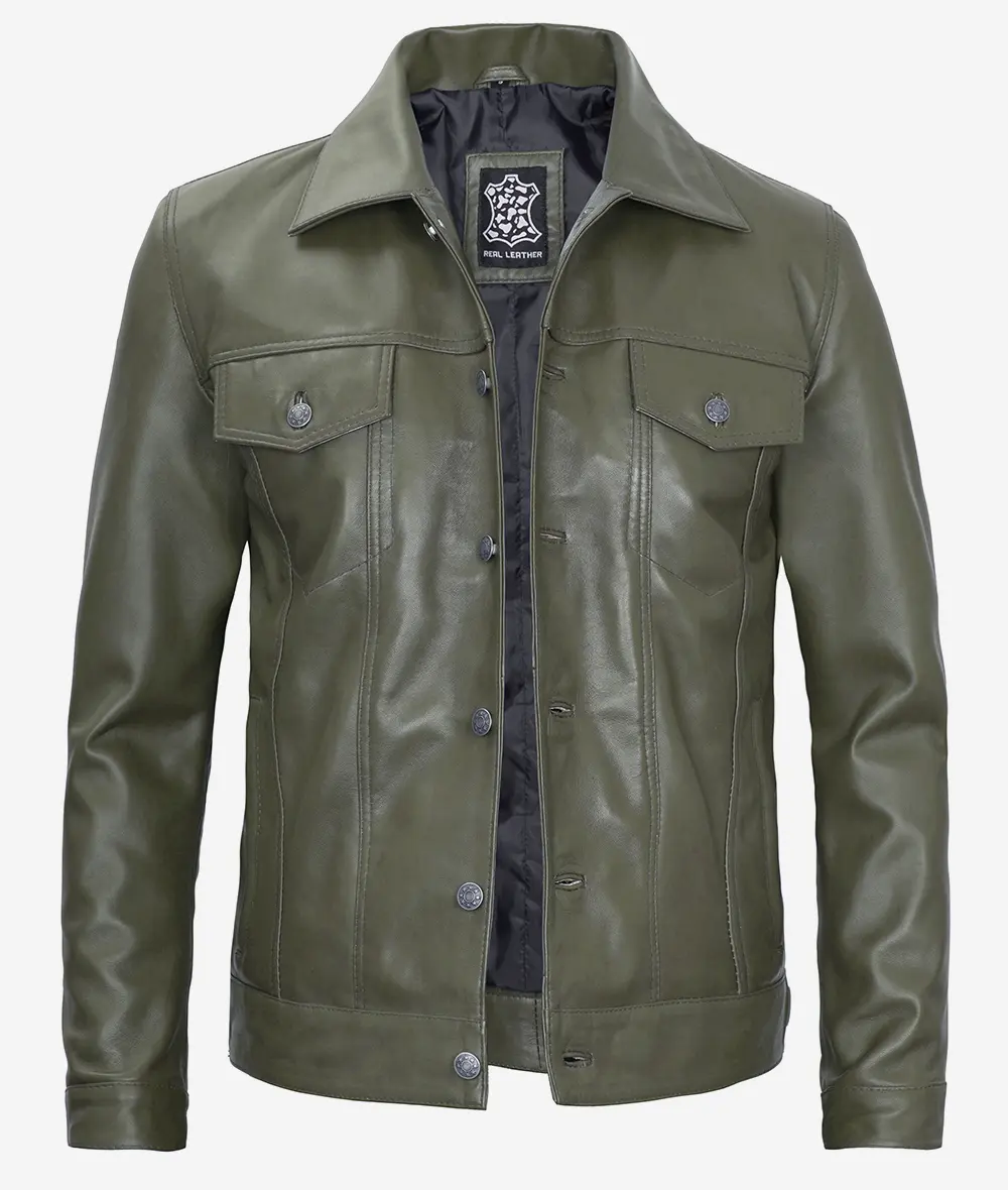 Men's Four Pockets Military Green Leather Trucker Jacket