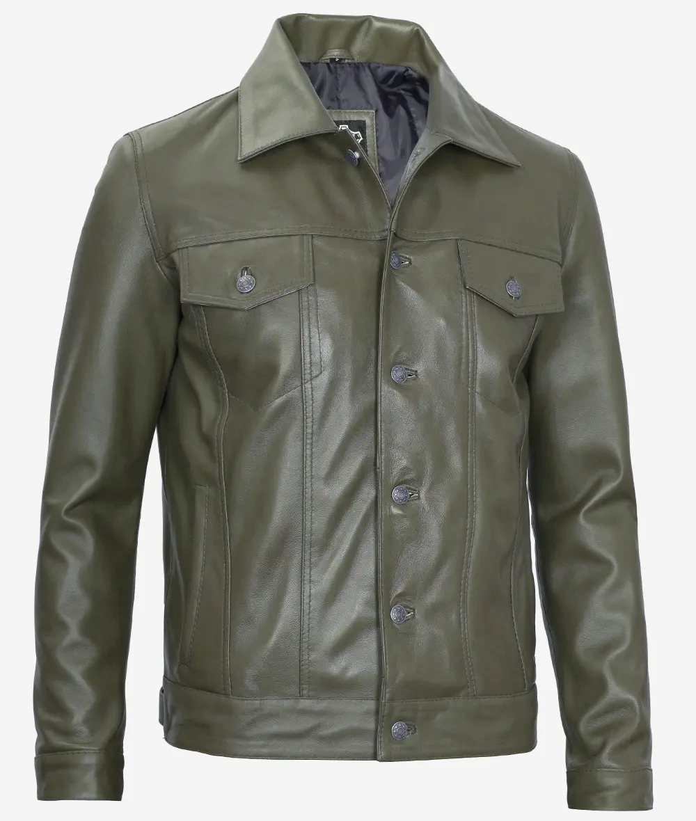 Men's Four Pockets Military Green Leather Trucker Jacket