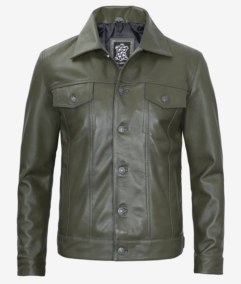 Men's Four Pockets Military Green Leather Trucker Jacket