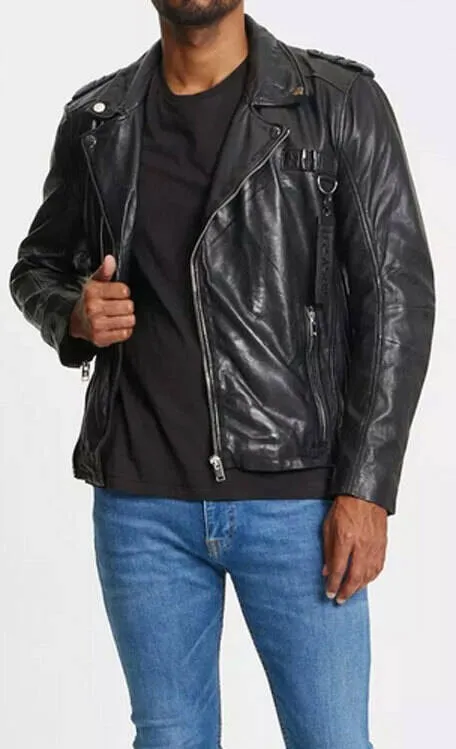 Men's black biker style leather jacket 14957