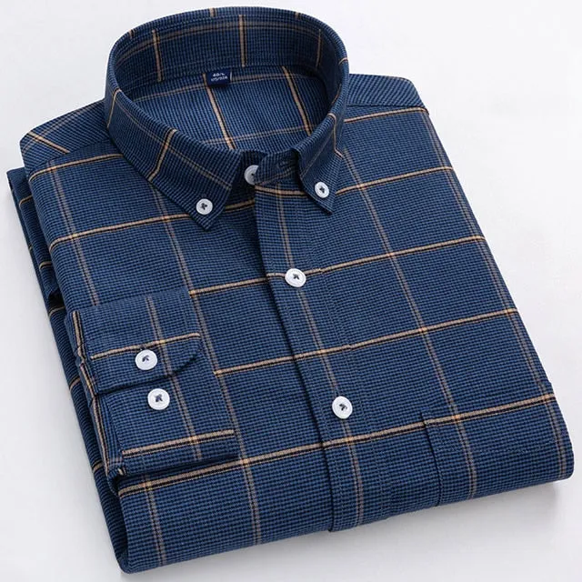 Men's Casual Contrast Plaid Striped Checkered Cotton Long Sleeve Shirt