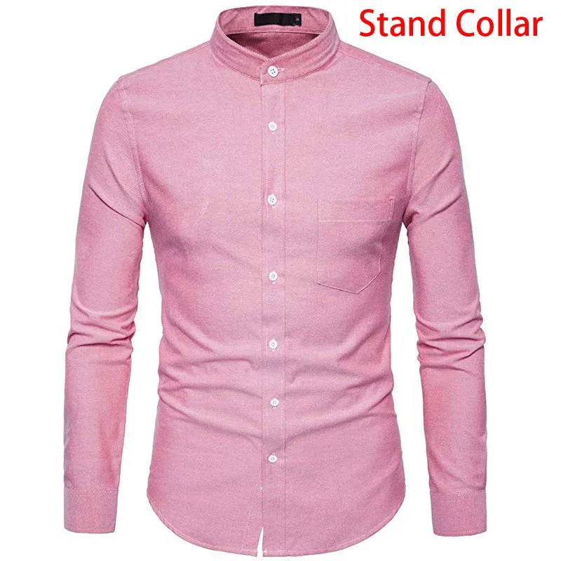 Men's Casual Solid Oxford Cotton Stand Collar Slim Fit Long Sleeve Shirt