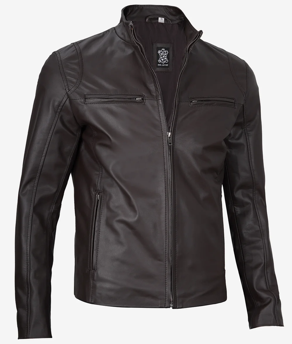 Mens Classic Dark Brown Cafe Racer Leather Jacket