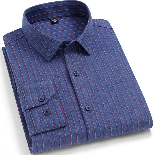 Men's Comfortable Brushed Striped Heavy Cotton Long-sleeve Shirt