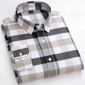 Men's Cotton Contrast Plaid Checkered Standard-fit Long Sleeve Shirt