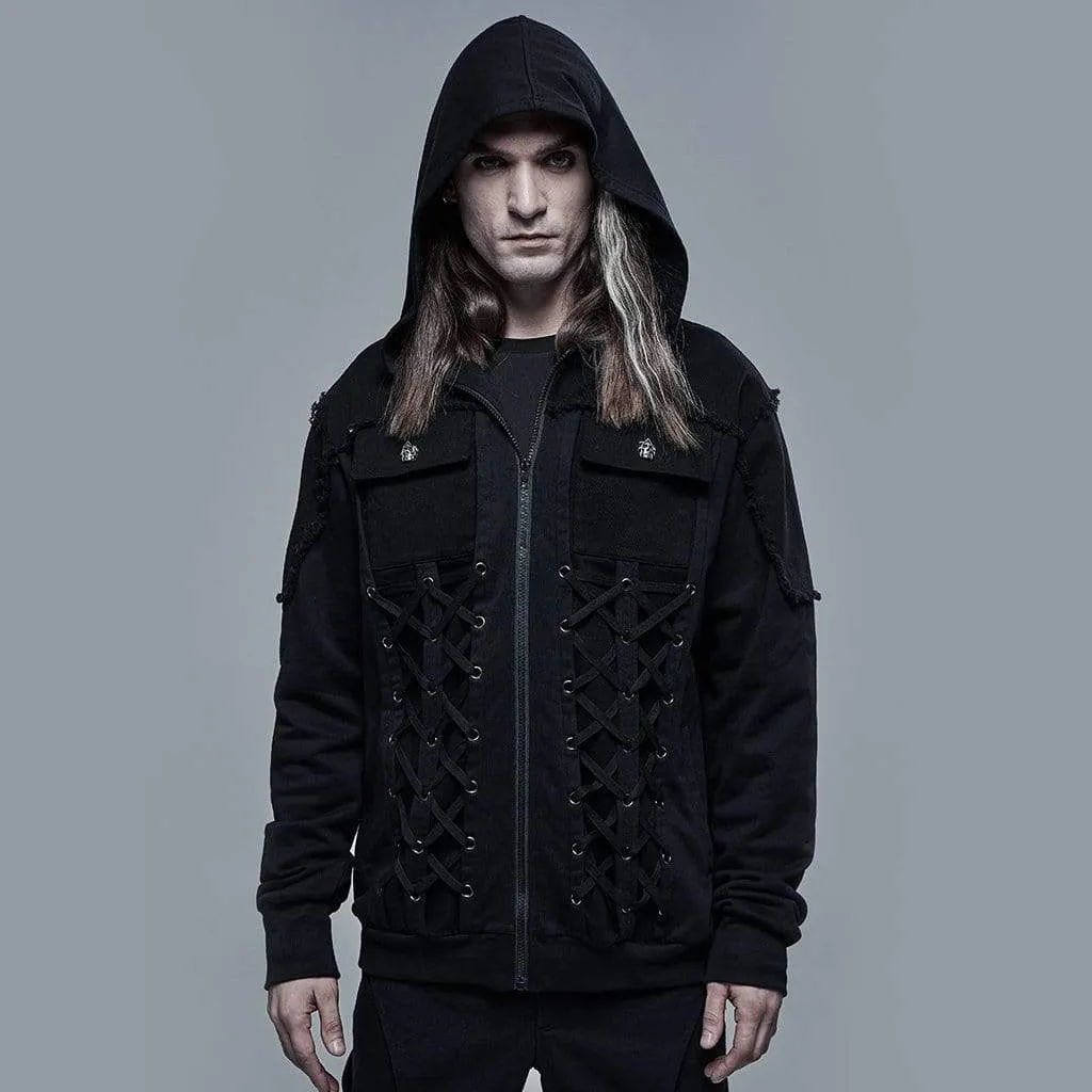 Men's Punk Strappy Multi Pockets Jacket with Hood