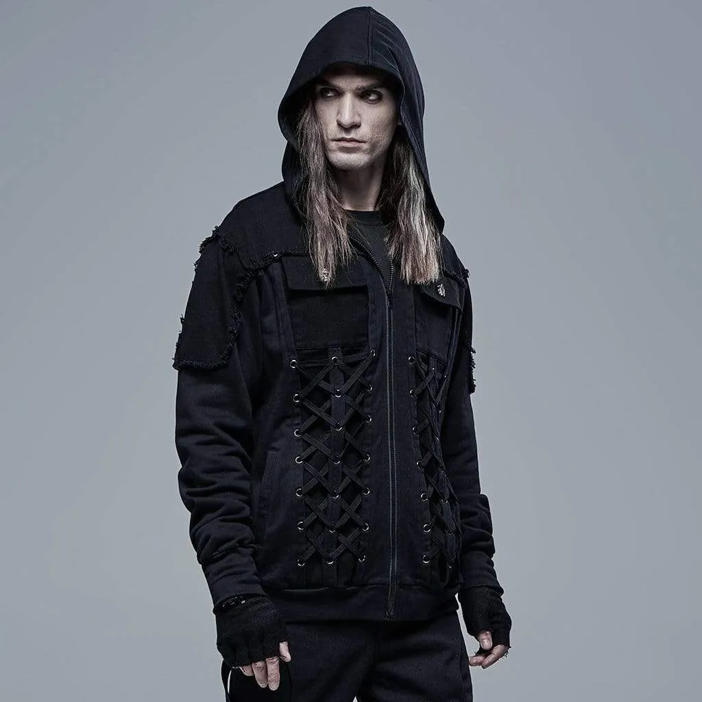 Men's Punk Strappy Multi Pockets Jacket with Hood