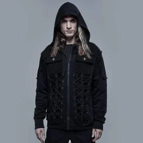 Men's Punk Strappy Multi Pockets Jacket with Hood