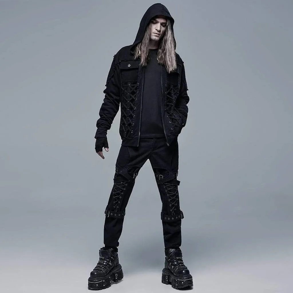 Men's Punk Strappy Multi Pockets Jacket with Hood