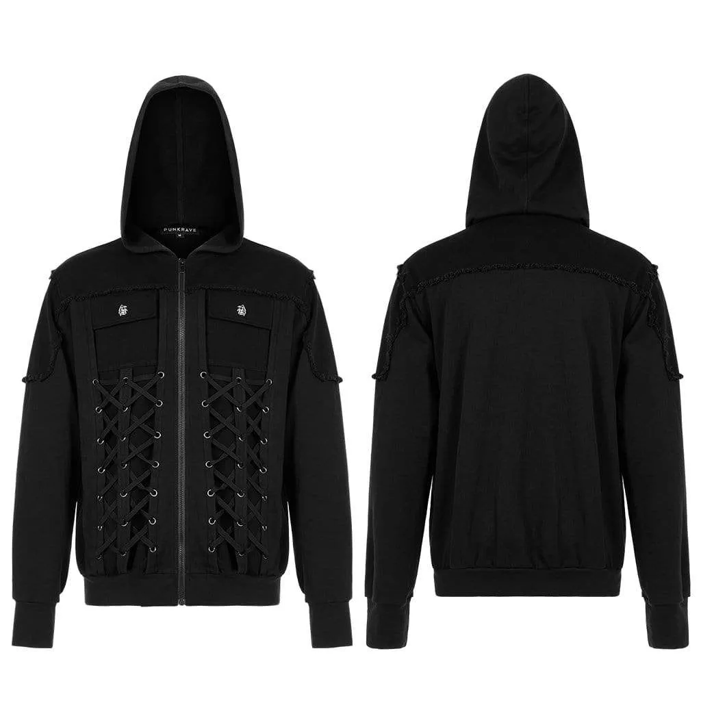 Men's Punk Strappy Multi Pockets Jacket with Hood